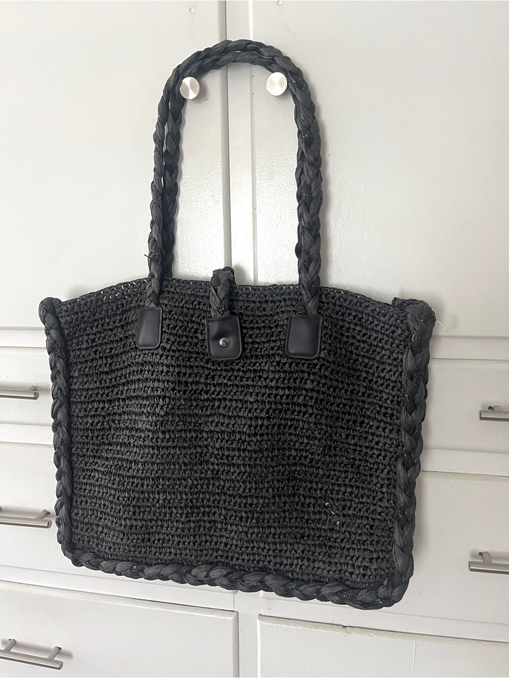 White House Black Market Raffia braided embellished Tote Bag in Black - Picture 4 of 14
